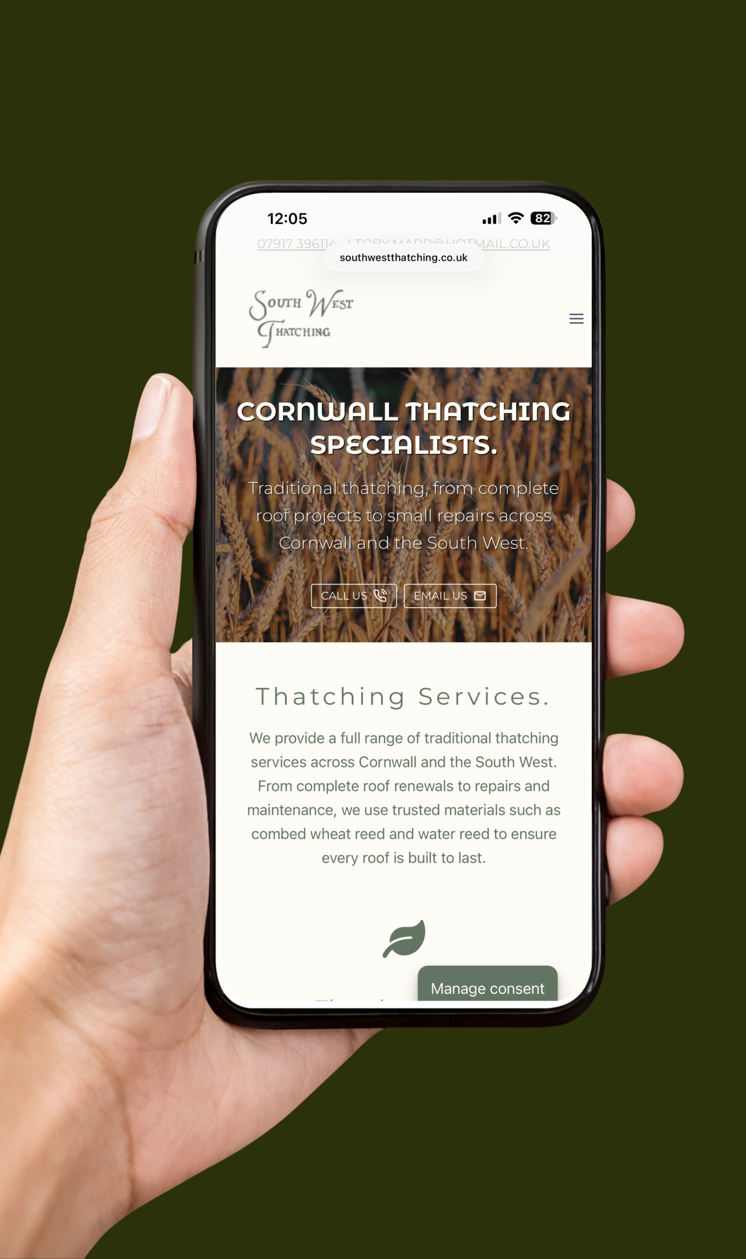Website Design by Outpost Social Co Showing South West Thatching Website on mobile phone